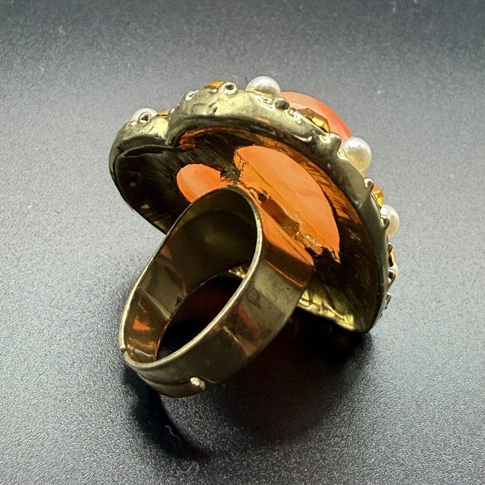 Adjustable Orange Coral Heart Ring Gold Tone Pearl Rhinestone Statement Vintage